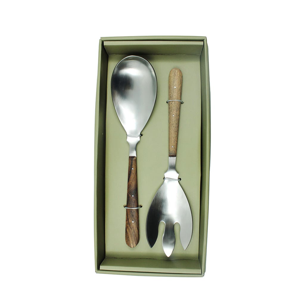 Set 2 Pcs De Cubiertos Para Ensalada Con Asas De Madera
