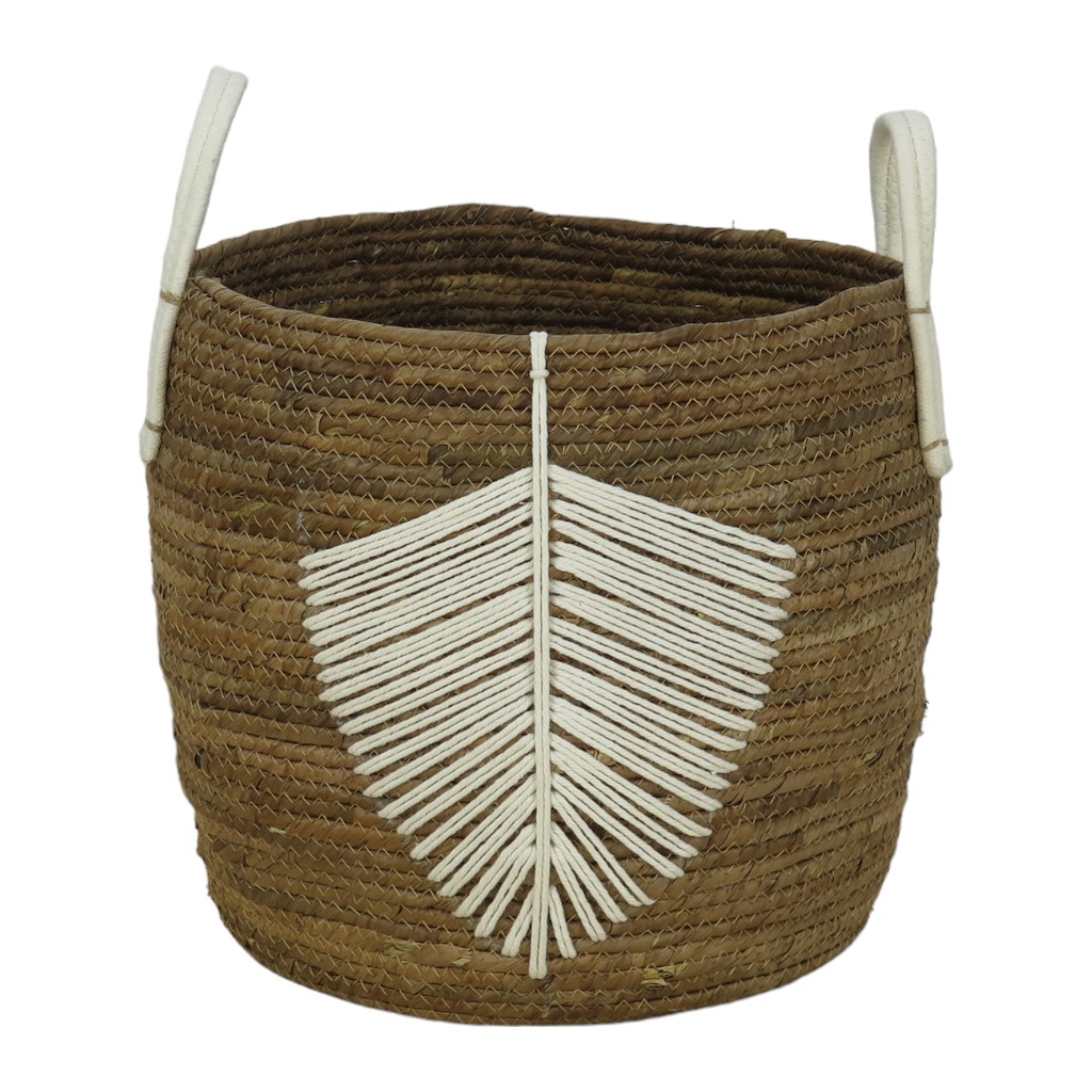 Cesta De Mimbre Con Diseño De Hoja Blanco 36X33Cm