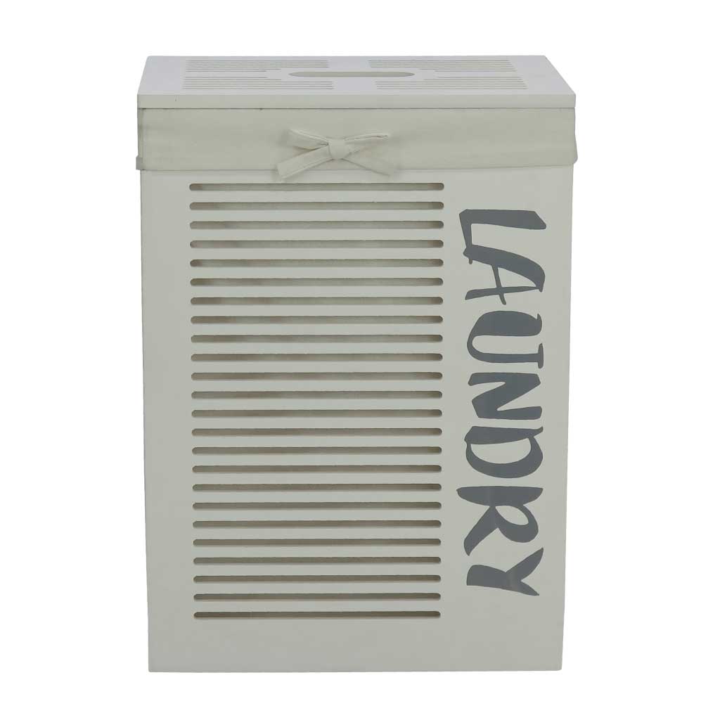 Cesta para ropa de MDF con tapa y tela interior unicolor color blanco con estampa de Laundry