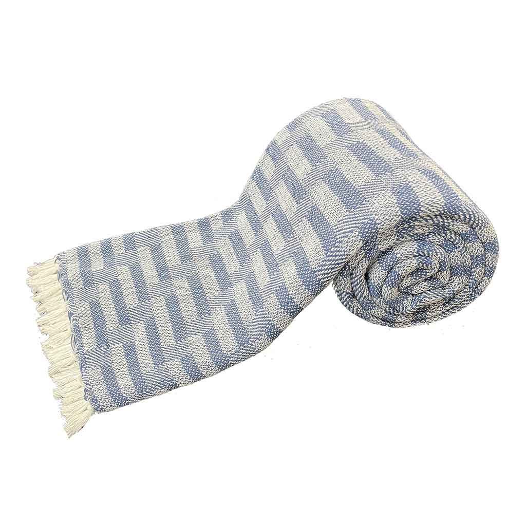 Cubrecama Blanco/Azul De Algodón Con Flecos