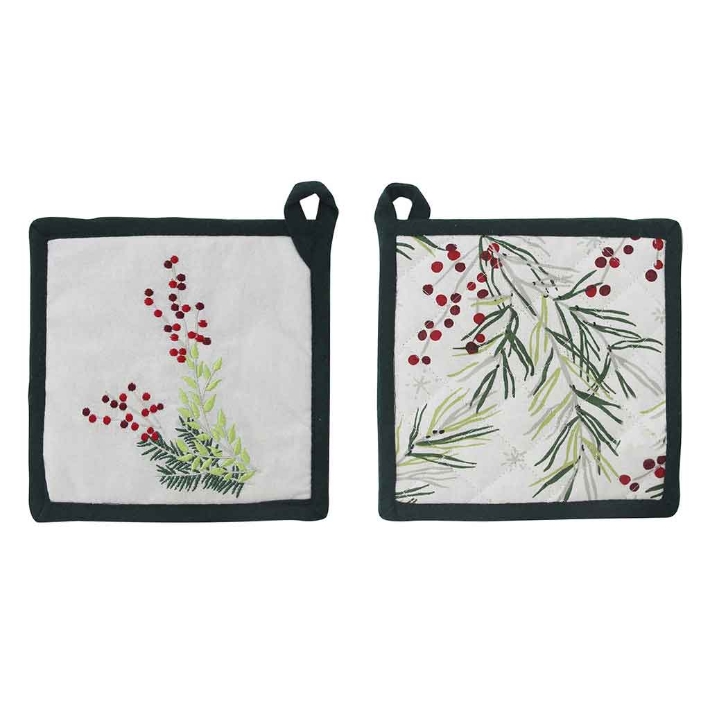 Agarra ollas navideño con estampado de bayas y hojas 20x20cm