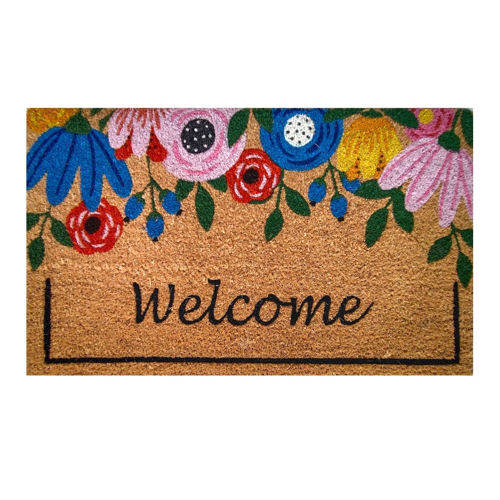 Alfombra Diseño De Flores Y Texto "Welcome" 45X75Cm