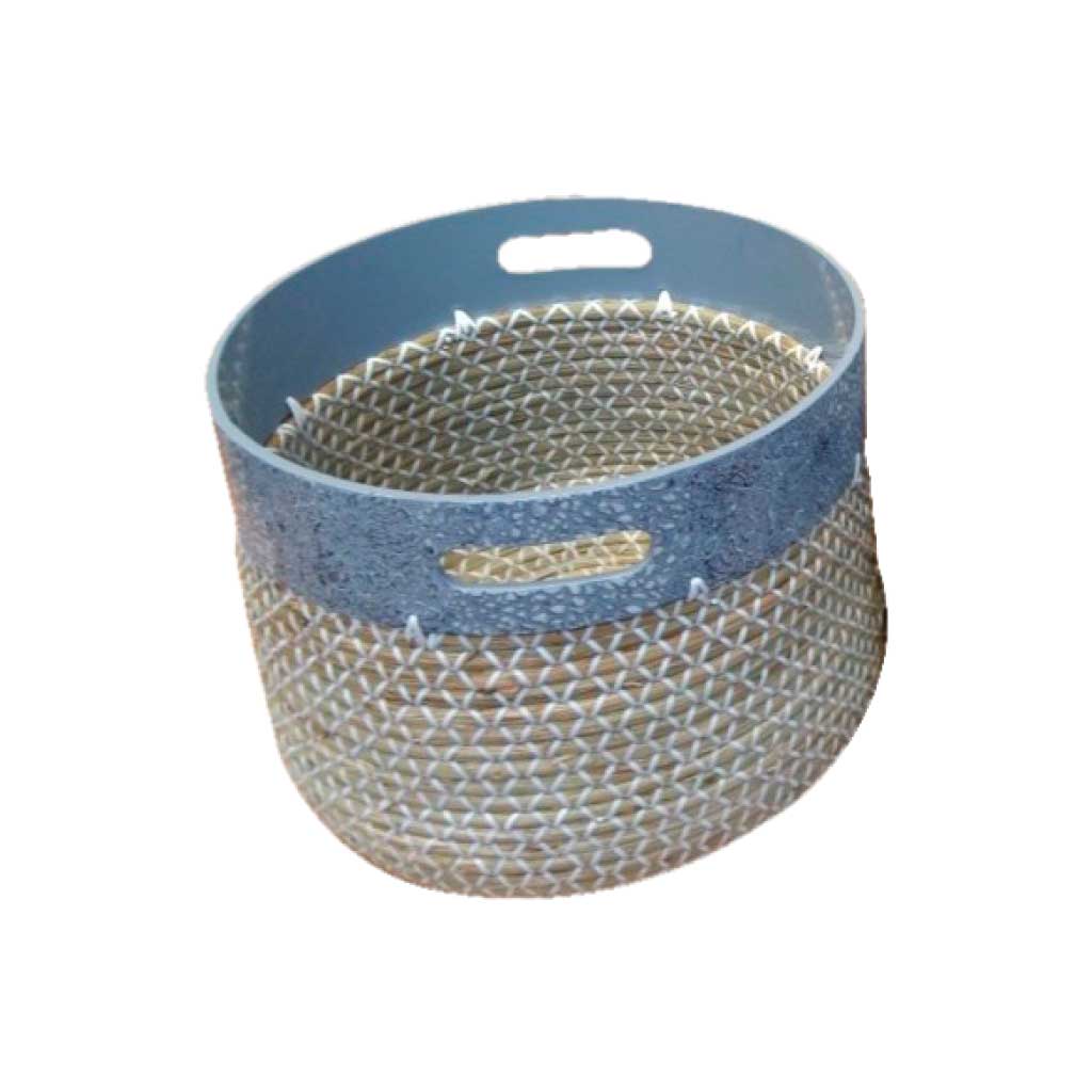Cesta decorativa redonda de tejido hierba marina con asas