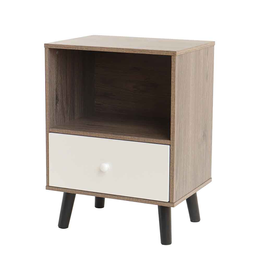 Mesa de noche natural con cajón blanco