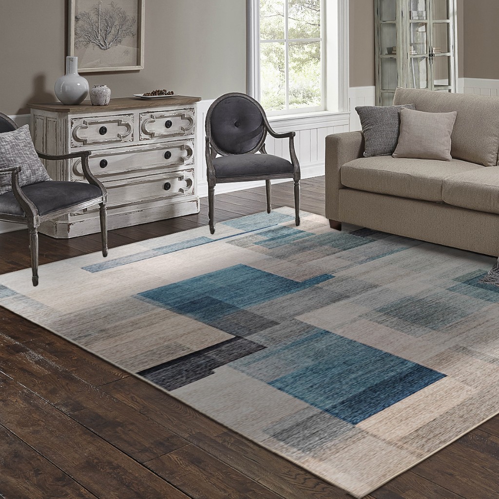 Alfombra Con Patrones Azules Y Grises 150X210Cm