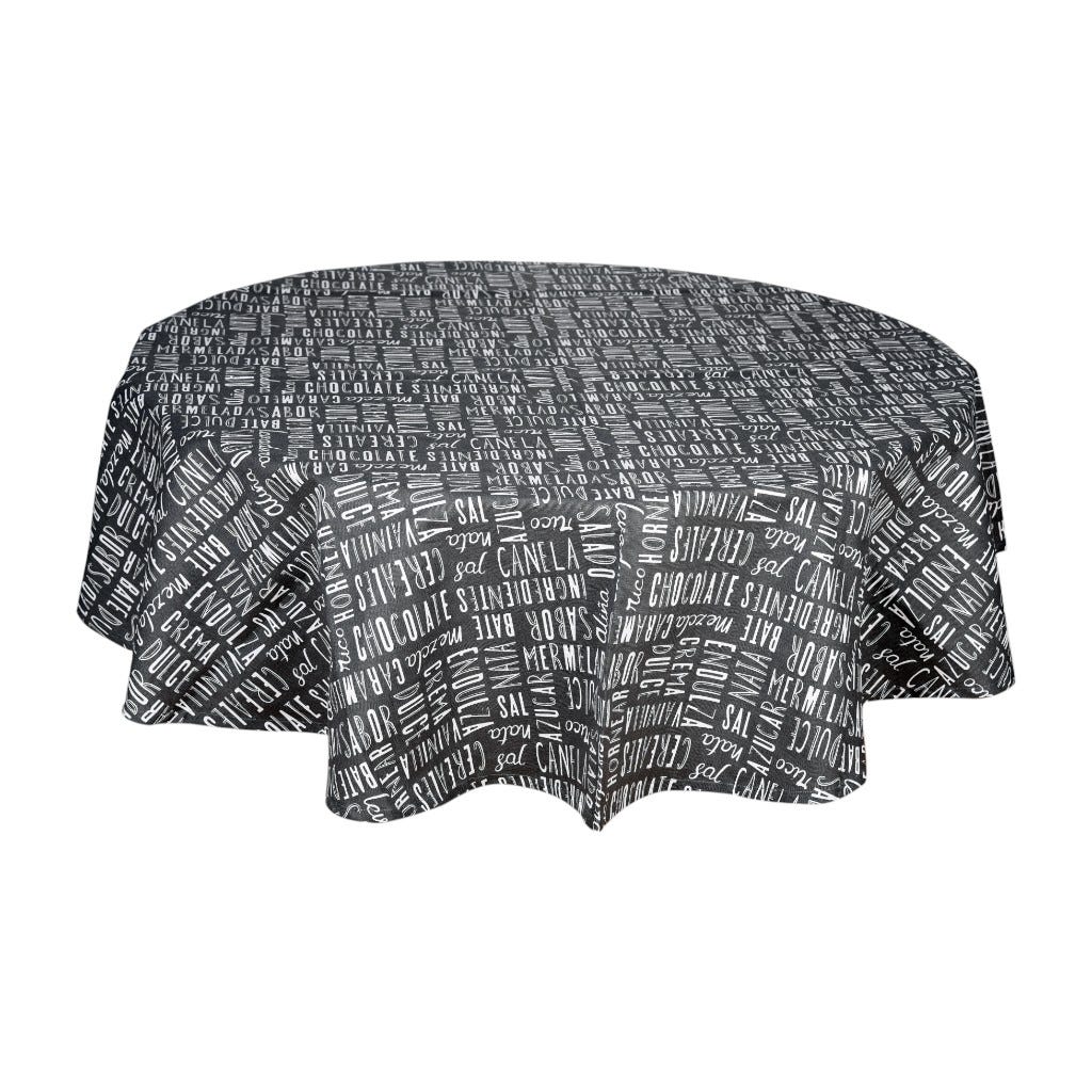 Mantel Redondo Negro Y Estampado De Texto230Cm
