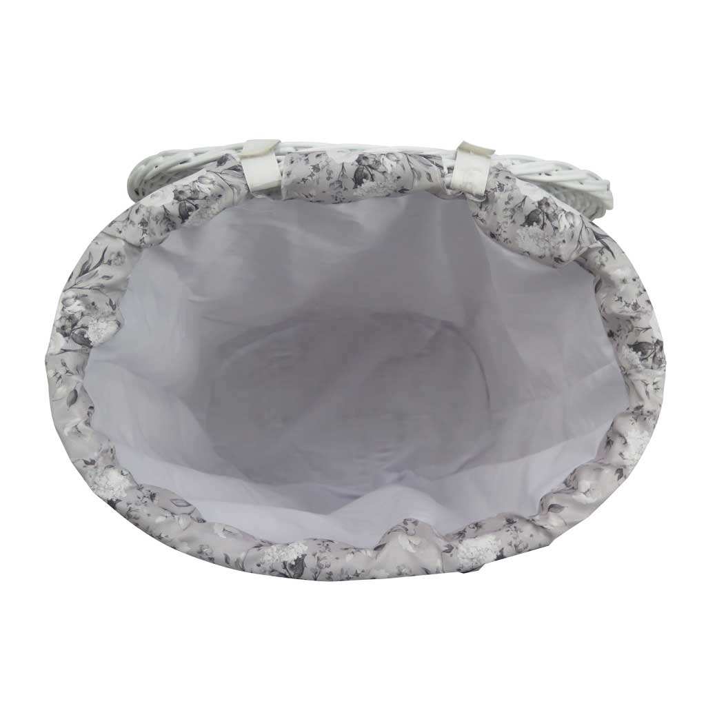 Cesta para ropa de mimbre con tapa y tela interior estampada con diseño de flores color blanco con gris